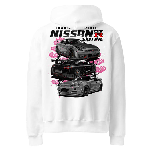 White Skyline Legends Sakura GT-R Hoodie with detailed GT-R car graphic and cherry blossoms on the back