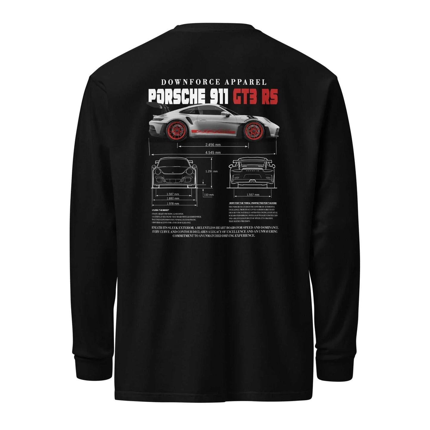 Black long sleeve shirt with Porsche 911 GT3 RS car graphic and engineering blueprint on back.