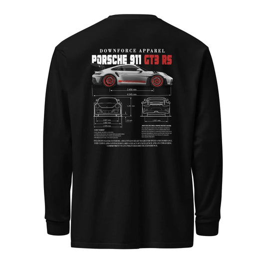 Black Weissach Warrior GT3 RS long sleeve tee with Porsche 911 GT3 RS blueprint design on the back, made of 100% soft ring-spun cotton for motorsport enthusiasts