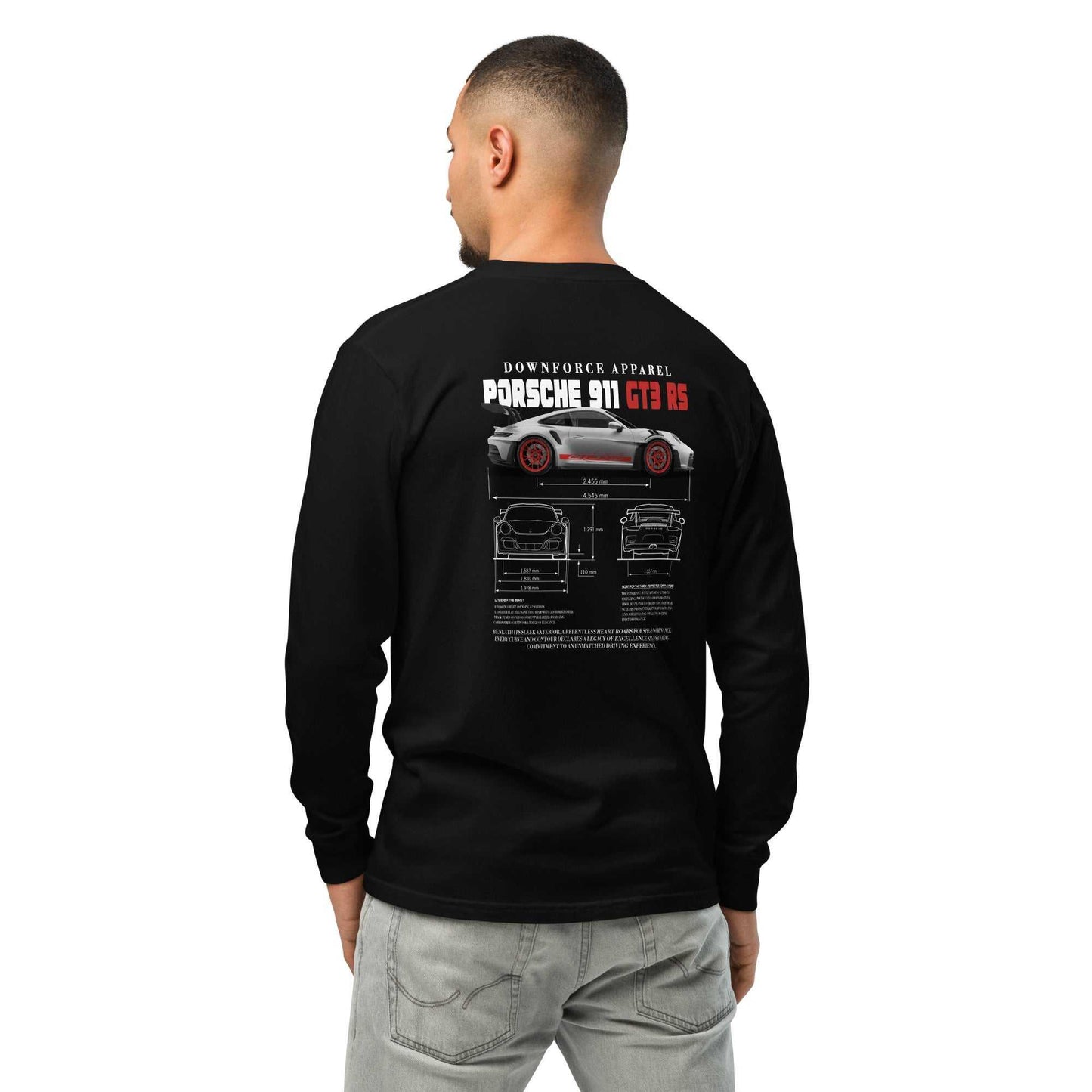 Man wearing black long sleeve tee with Porsche 911 GT3 RS car and technical graphics on back