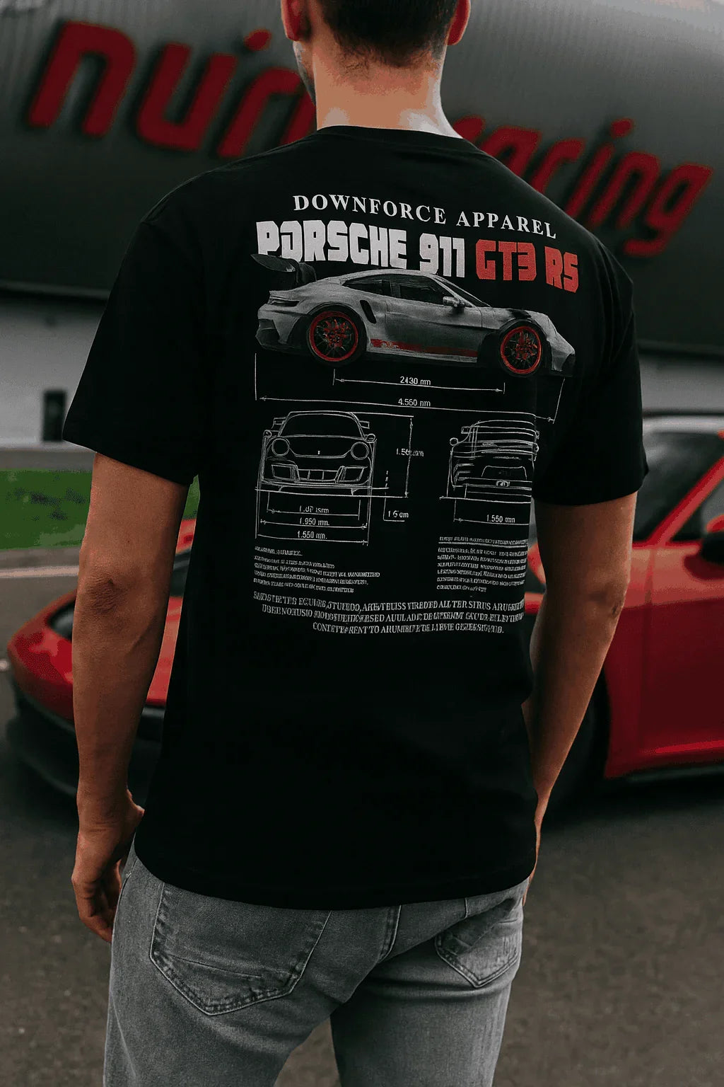 Weissach Warrior GT3 RS black tee with Porsche 911 GT3 RS blueprint design on back